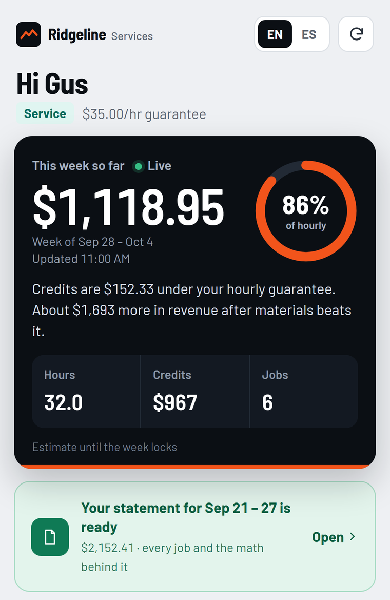 mypay-phone-crop Technician's phone view showing pay earned so far this week compared with their hourly guarantee.